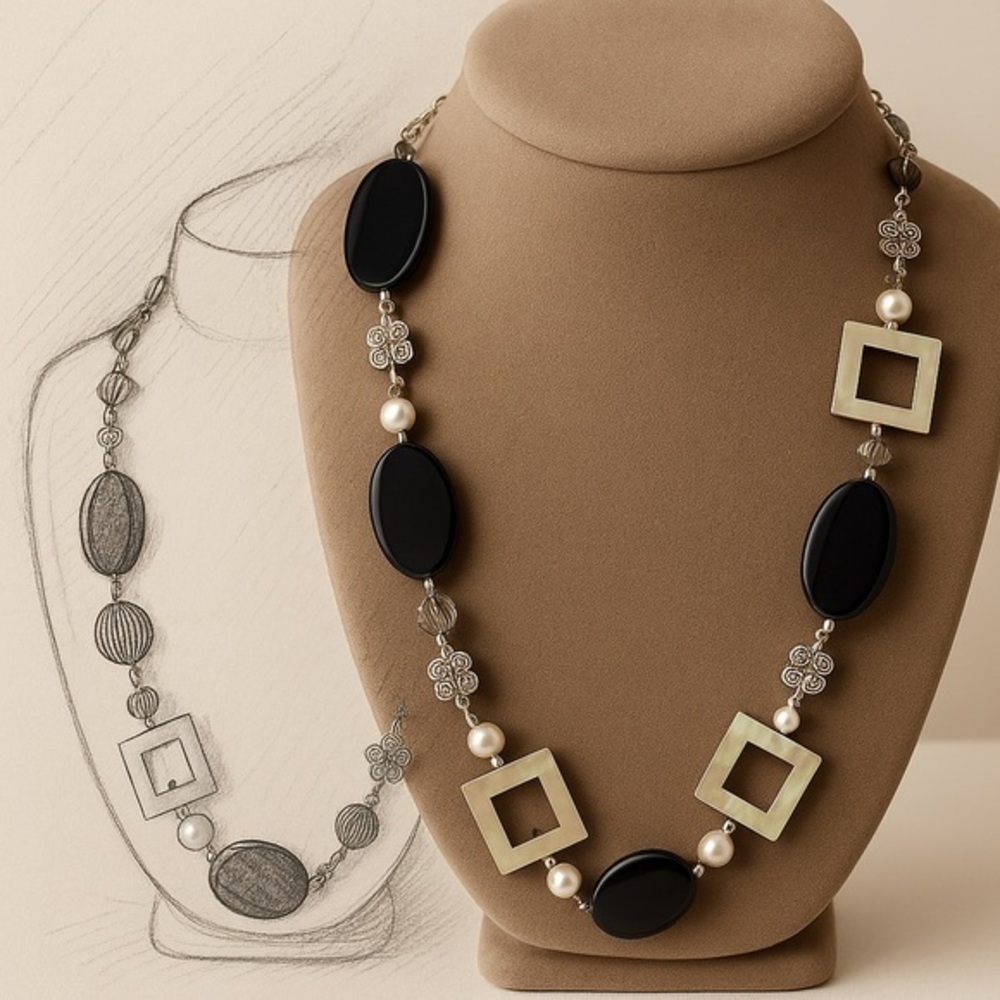 Premier Designs MODERN ART Necklace —Geometric Black & Silver Statement 33” #065